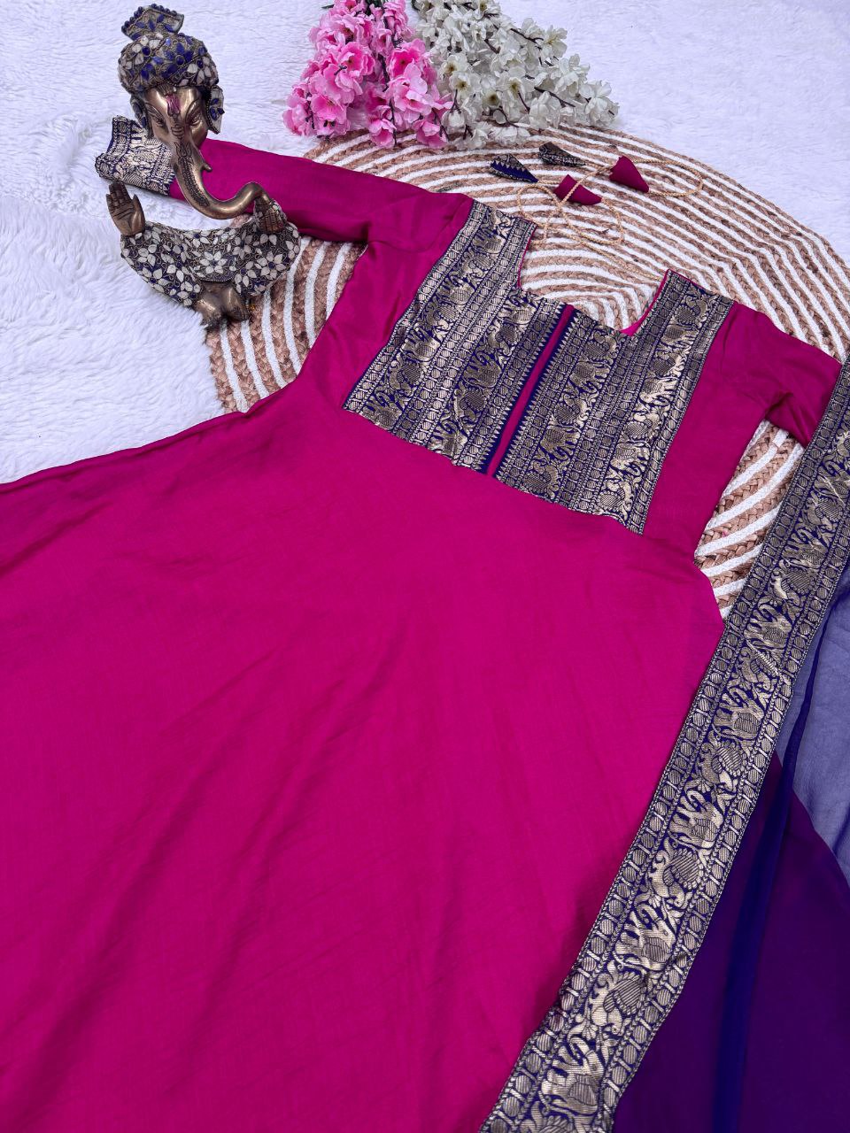 Traditional Anarkali Kurta Set in Vichitra Silk with Zari Detailing
