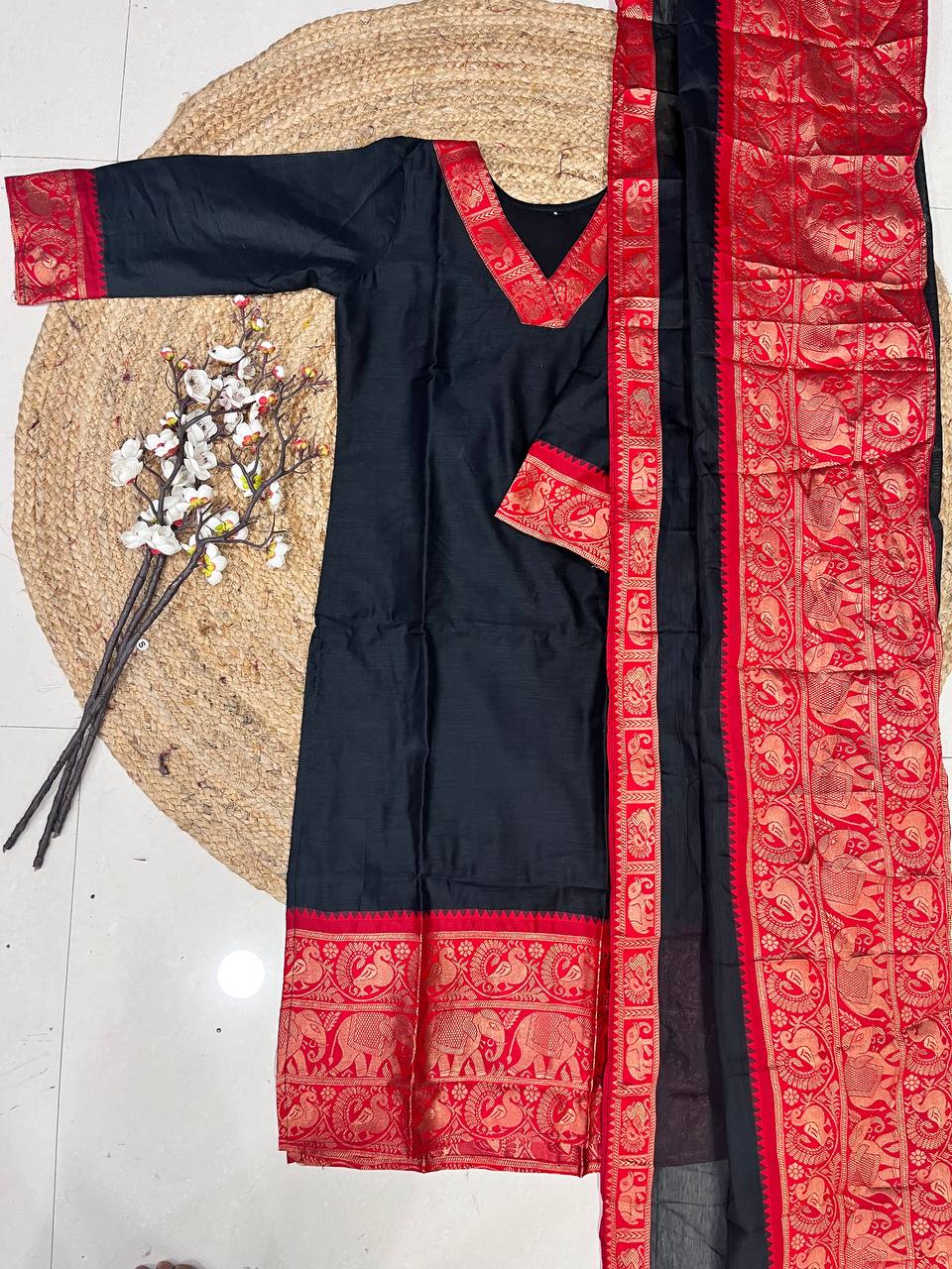 Black Shade Cotton Kurta and Dupatta Set