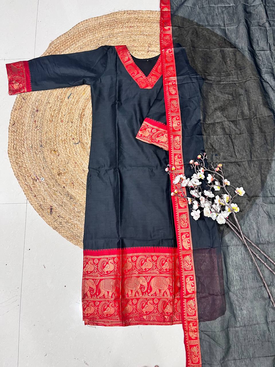 Black Shade Cotton Kurta and Dupatta Set