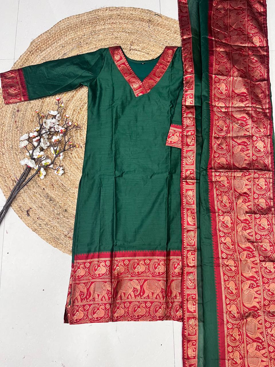 Bottle Green Cotton Kurti Set with Maroon Tone Border – A Perfect Blend of Tradition and Style