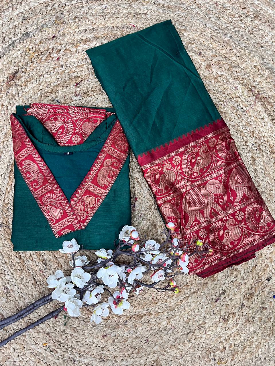 Bottle Green Cotton Kurti Set with Maroon Tone Border – A Perfect Blend of Tradition and Style
