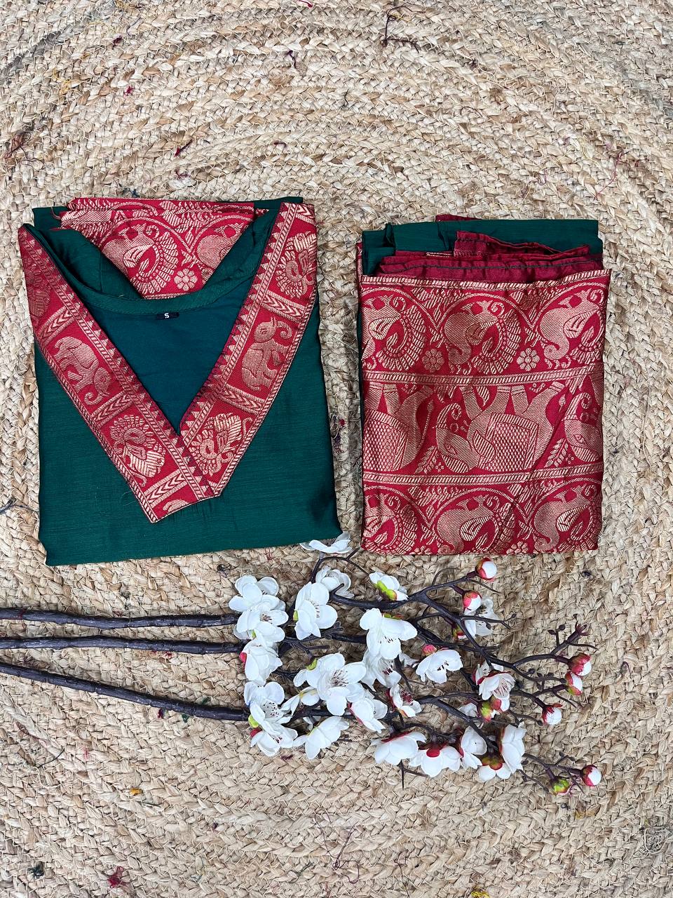 Bottle Green Cotton Kurti Set with Maroon Tone Border – A Perfect Blend of Tradition and Style