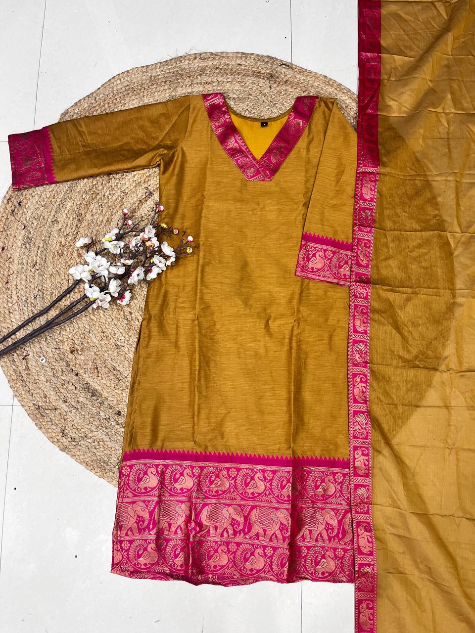 Cotton Kurti and Dupatta Set with Intricate Weaving Work.