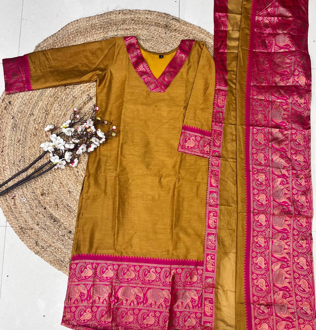 Yellow Cotton Kurta Set with Pink Border – Bold and Beautiful.