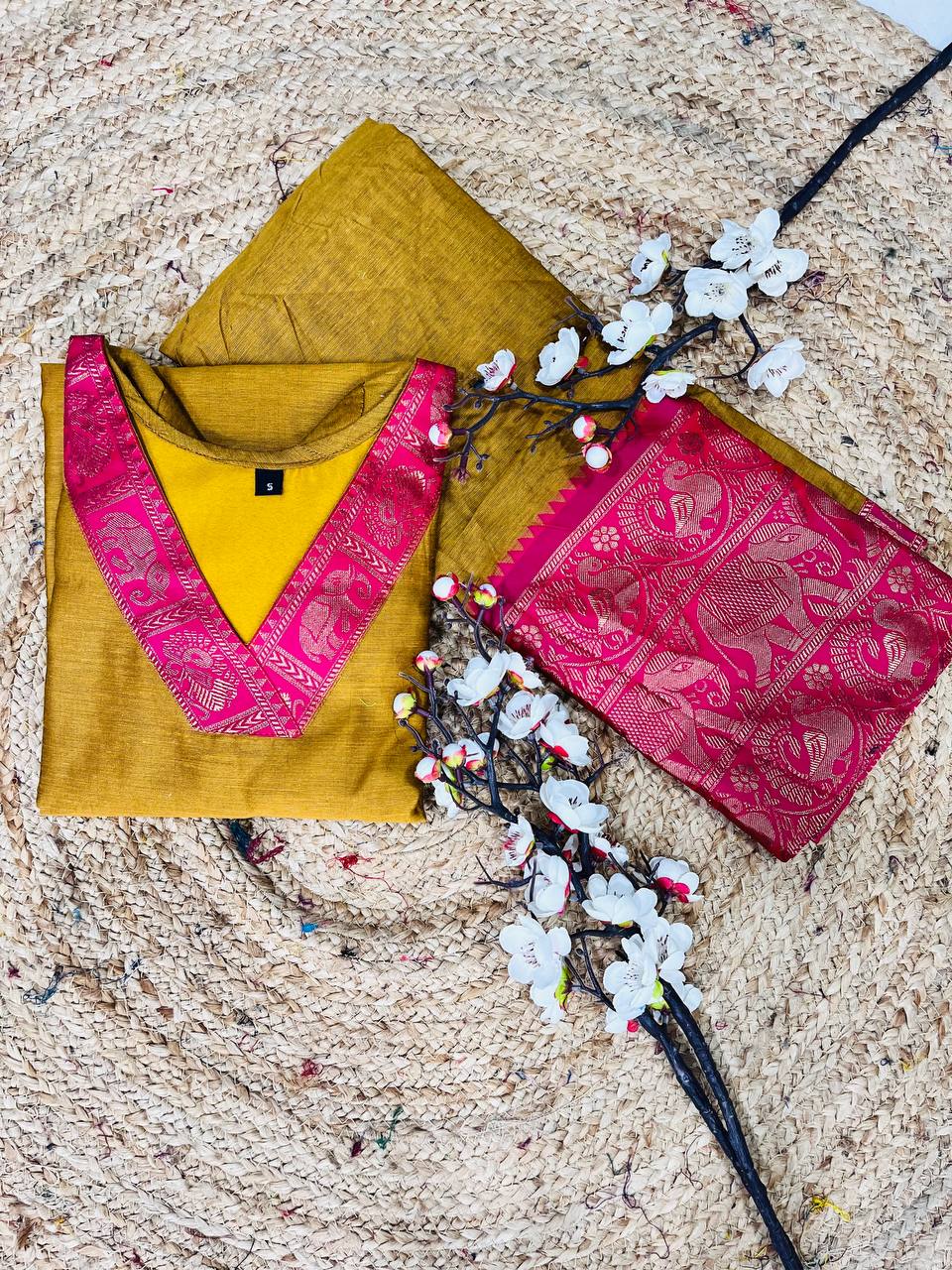 Yellow Cotton Kurta Set with Pink Border – Bold and Beautiful.