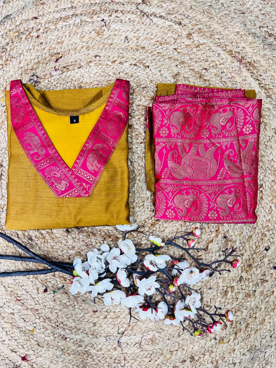 Yellow Cotton Kurta Set with Pink Border – Bold and Beautiful.
