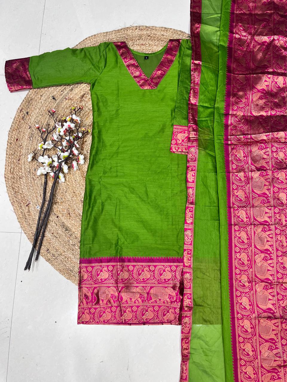 Cotton Kurti and Dupatta Set with Intricate Weaving Work.