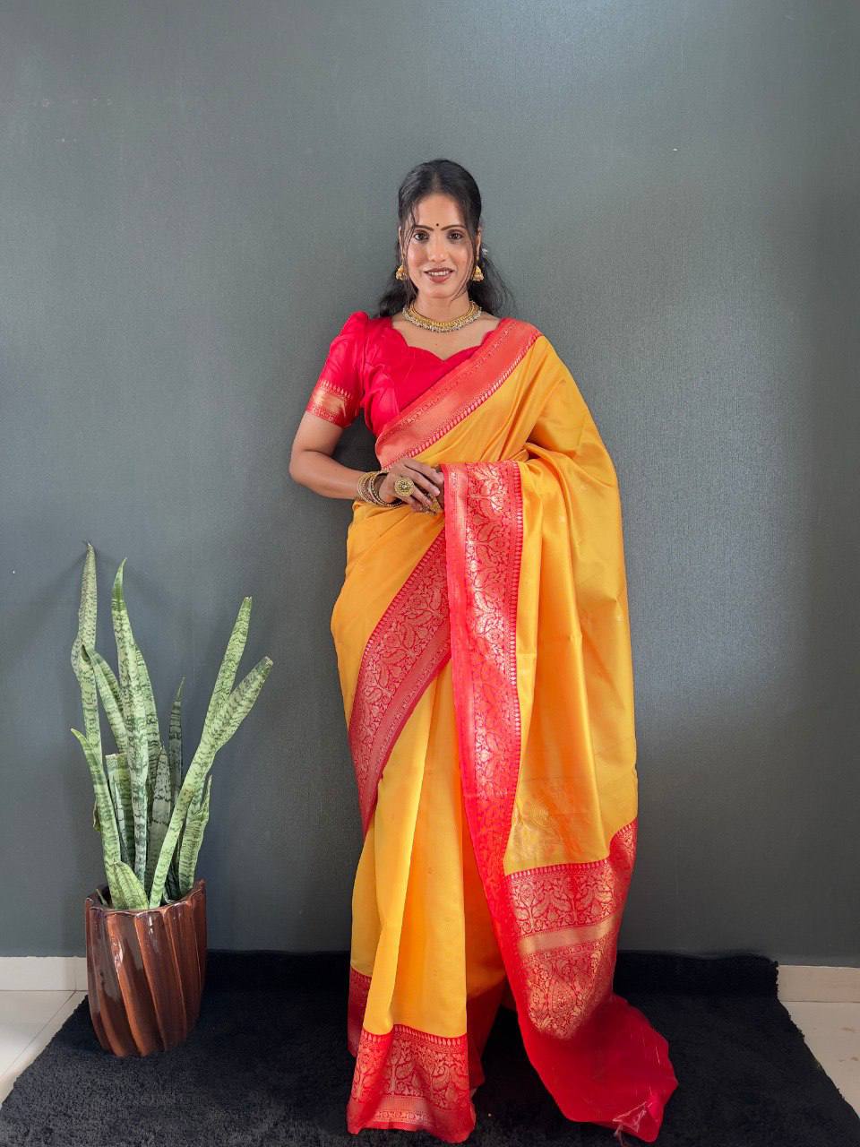 Soft Lichi Silk Saree with Rich Jacquard Work & Contrast Blouse – Ideal for Weddings & Party Wear