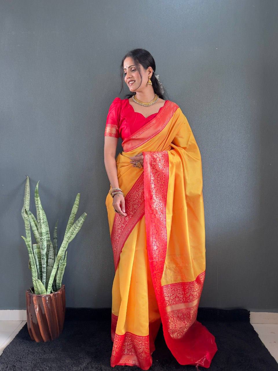 Soft Lichi Silk Saree with Rich Jacquard Work & Contrast Blouse – Ideal for Weddings & Party Wear