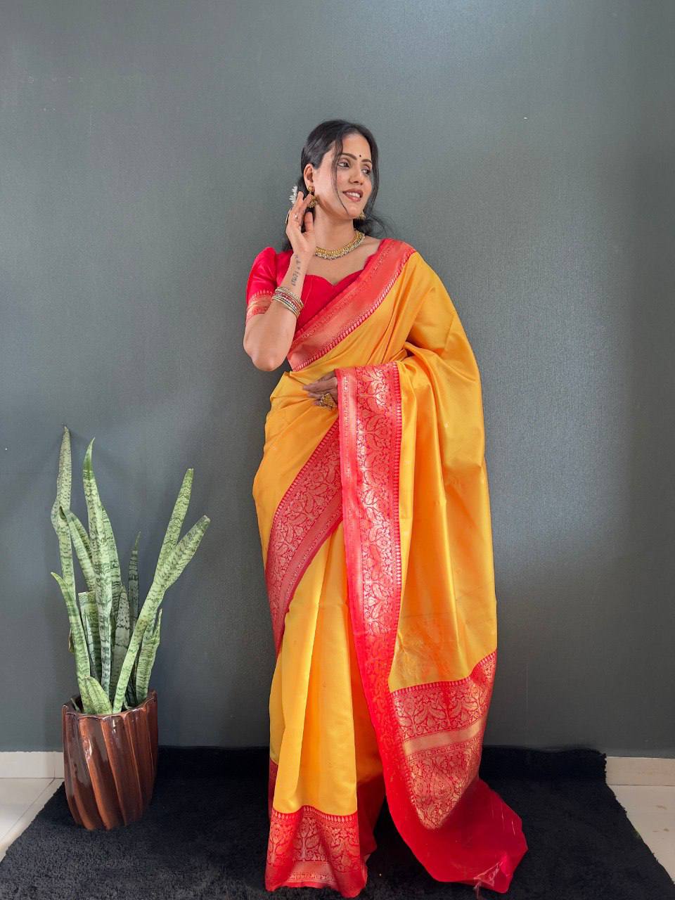 Soft Lichi Silk Saree with Rich Jacquard Work & Contrast Blouse – Ideal for Weddings & Party Wear