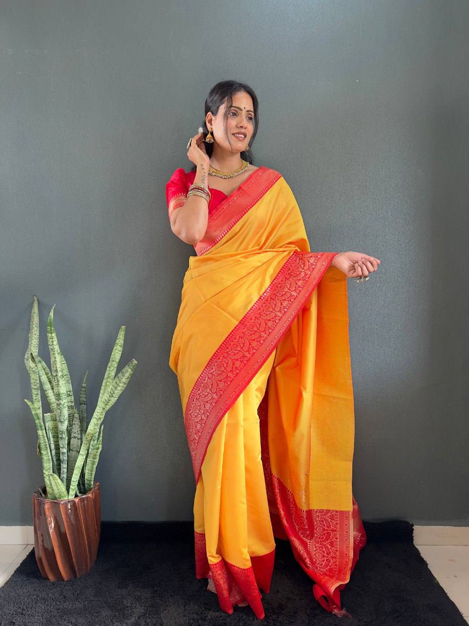 Soft Lichi Silk Saree with Rich Jacquard Work & Contrast Blouse – Ideal for Weddings & Party Wear