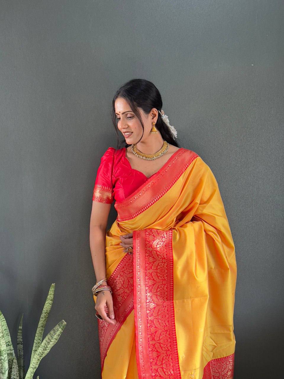 Soft Lichi Silk Saree with Rich Jacquard Work & Contrast Blouse – Ideal for Weddings & Party Wear