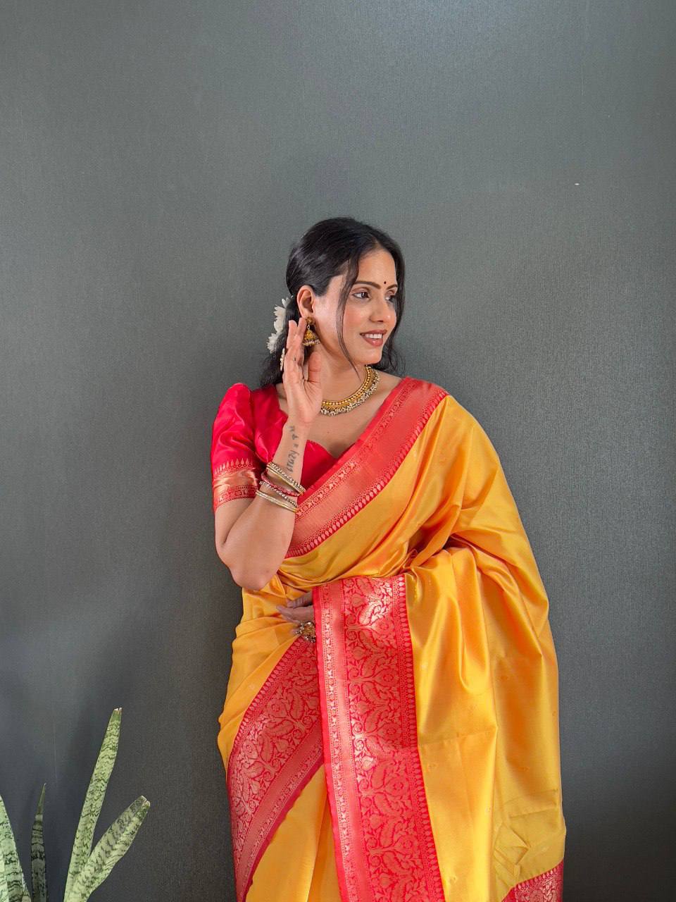 Soft Lichi Silk Saree with Rich Jacquard Work & Contrast Blouse – Ideal for Weddings & Party Wear
