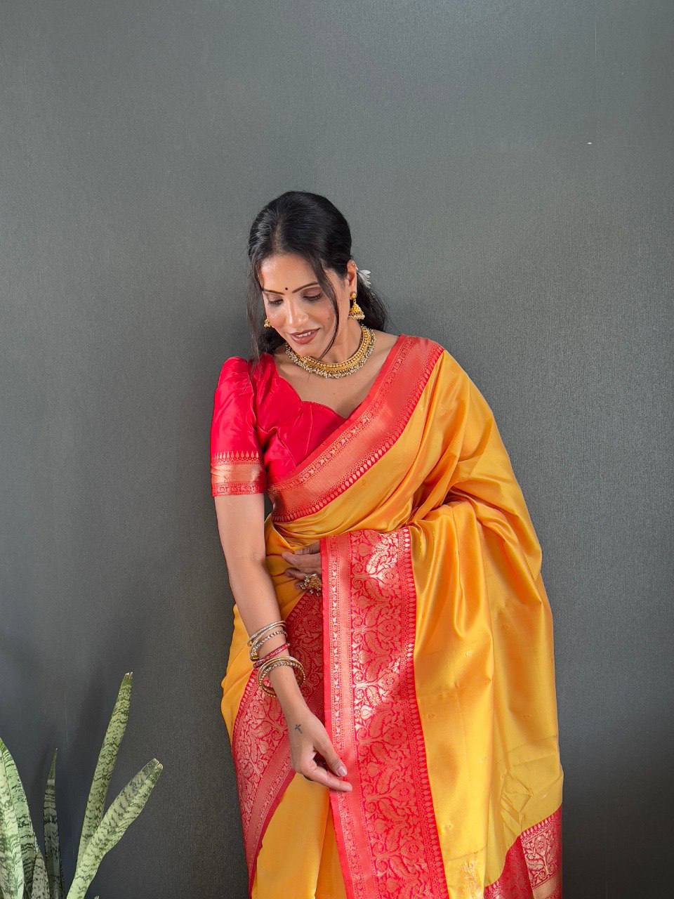 Soft Lichi Silk Saree with Rich Jacquard Work & Contrast Blouse – Ideal for Weddings & Party Wear
