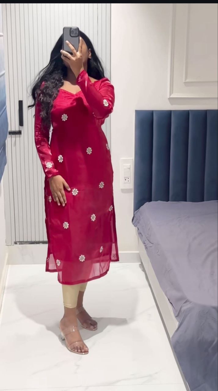 Elegant Red Butta Embroidered Kurta with Hand & Sequence Work