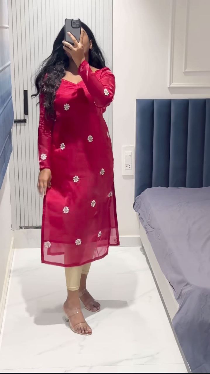 Elegant Red Butta Embroidered Kurta with Hand & Sequence Work