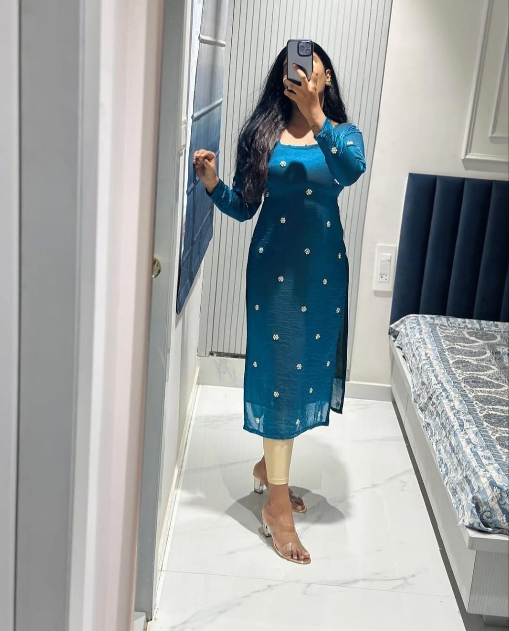 Graceful Red Fendy Siffon Kurta with Hand Embroidery & Sequin Work