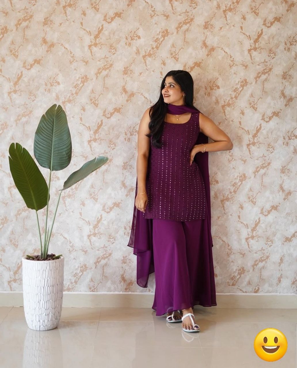 Georgette Sequin Work Suit Set with Full Stitched Palazzo & Dupatta