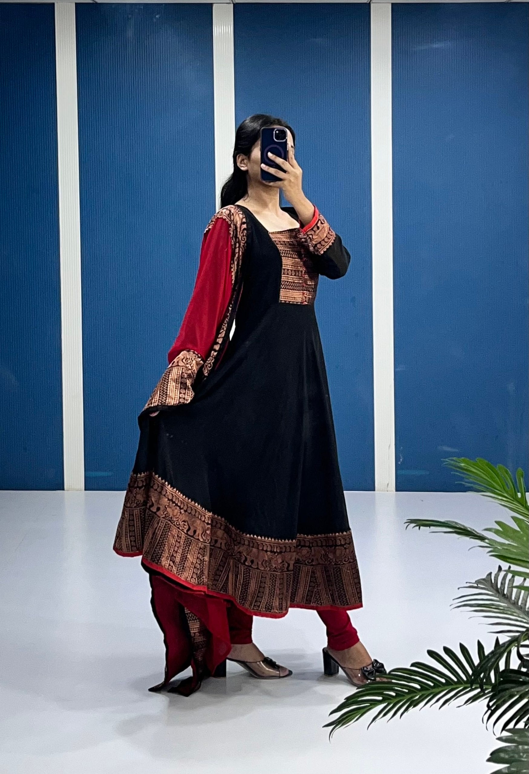 Black and Red Gown with Dupatta Set
