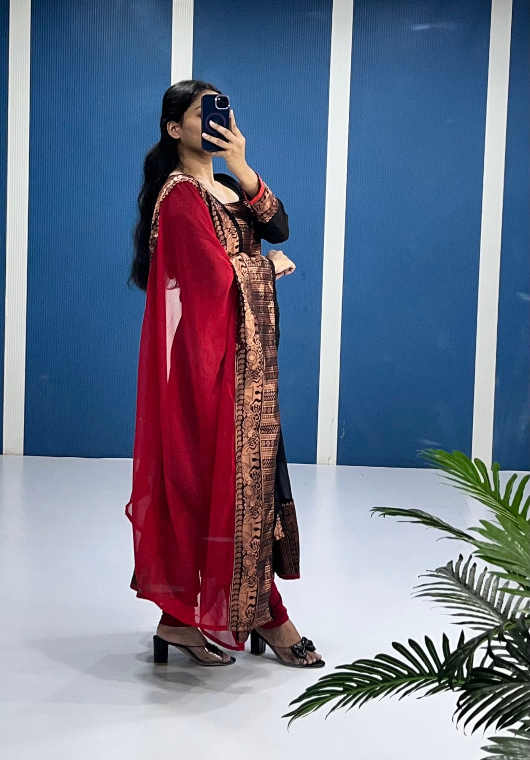 Black and Red Gown with Dupatta Set