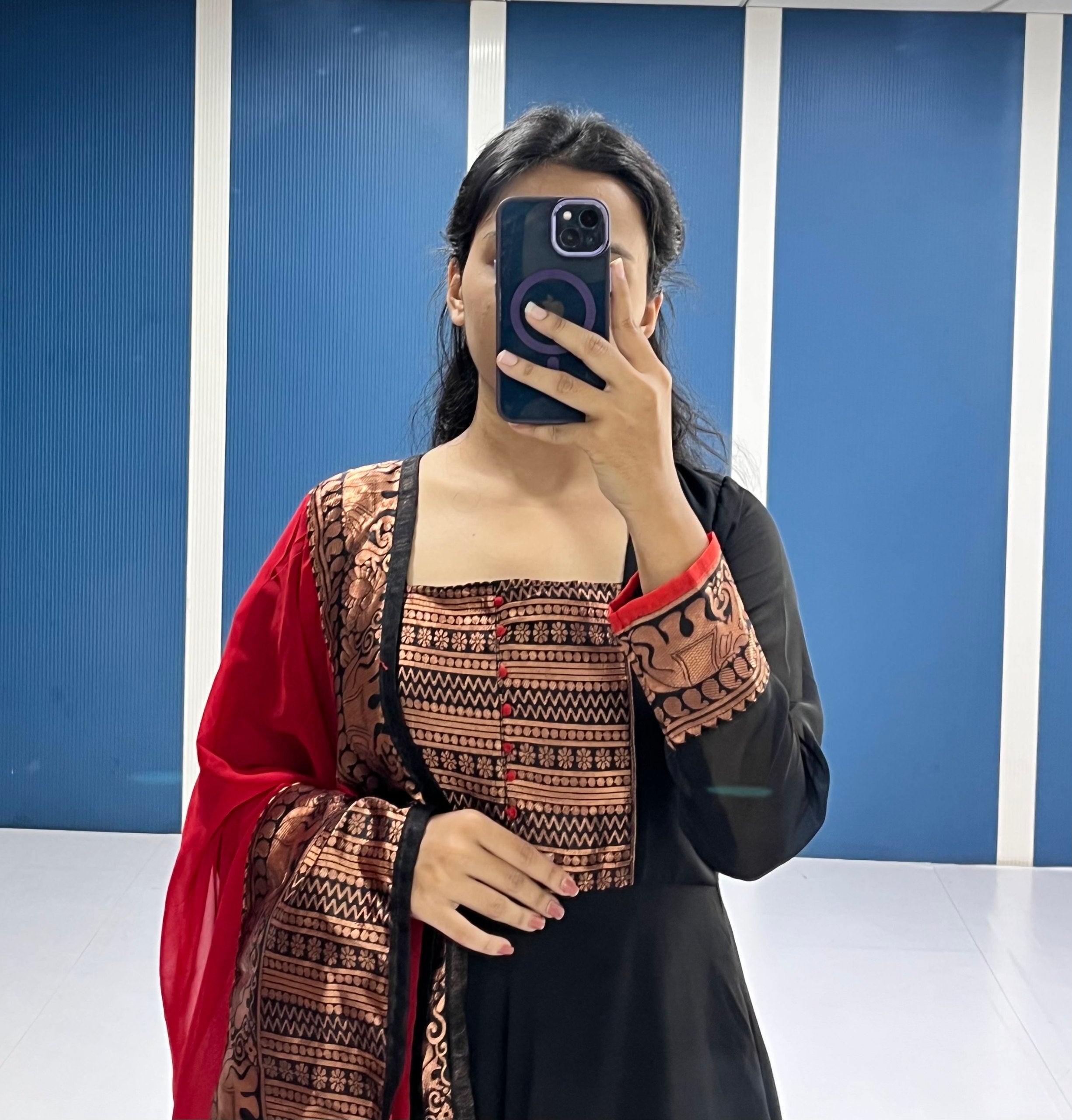 Black and Red Gown with Dupatta Set