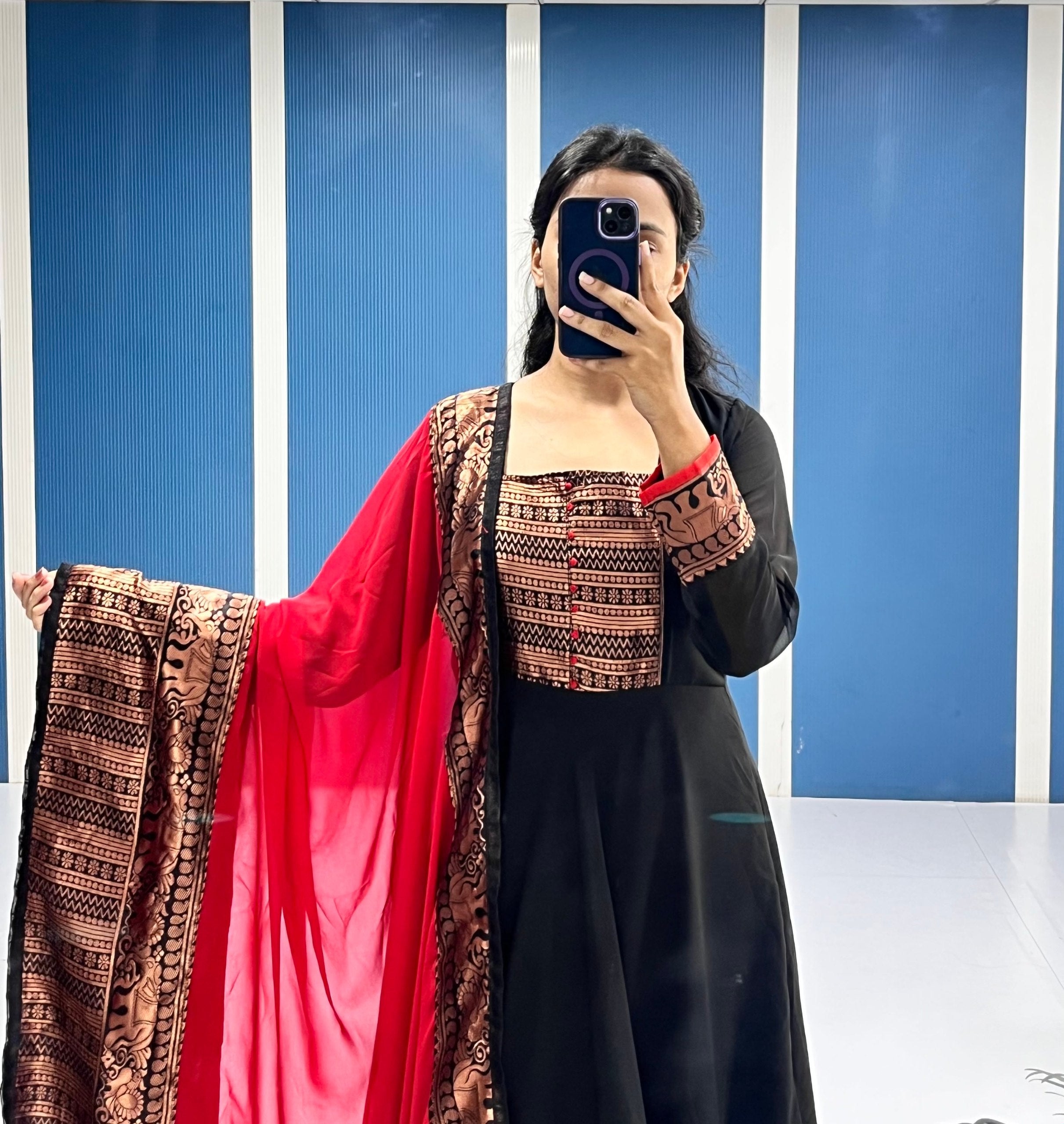 Black and Red Gown with Dupatta Set