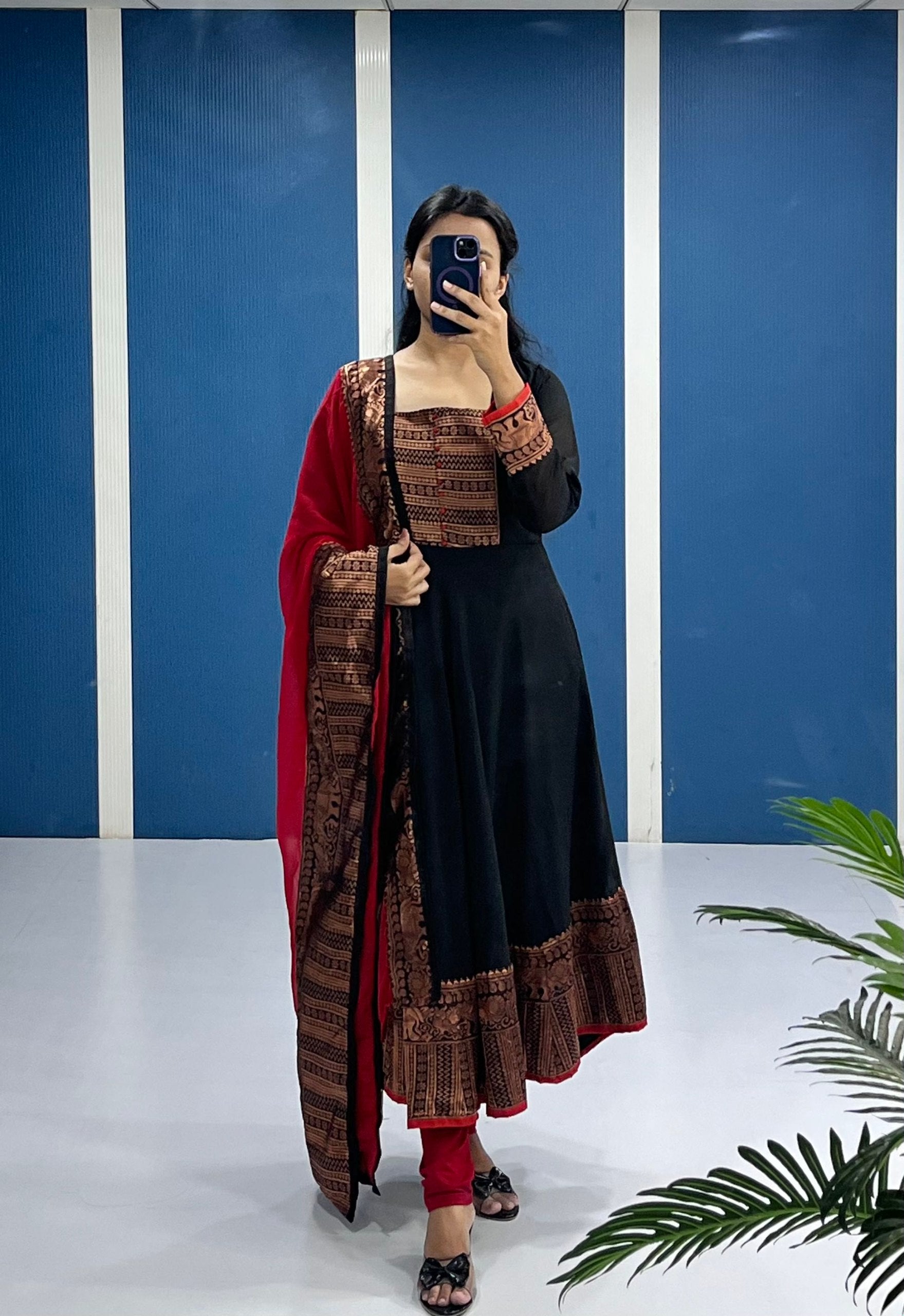 Black and Red Gown with Dupatta Set