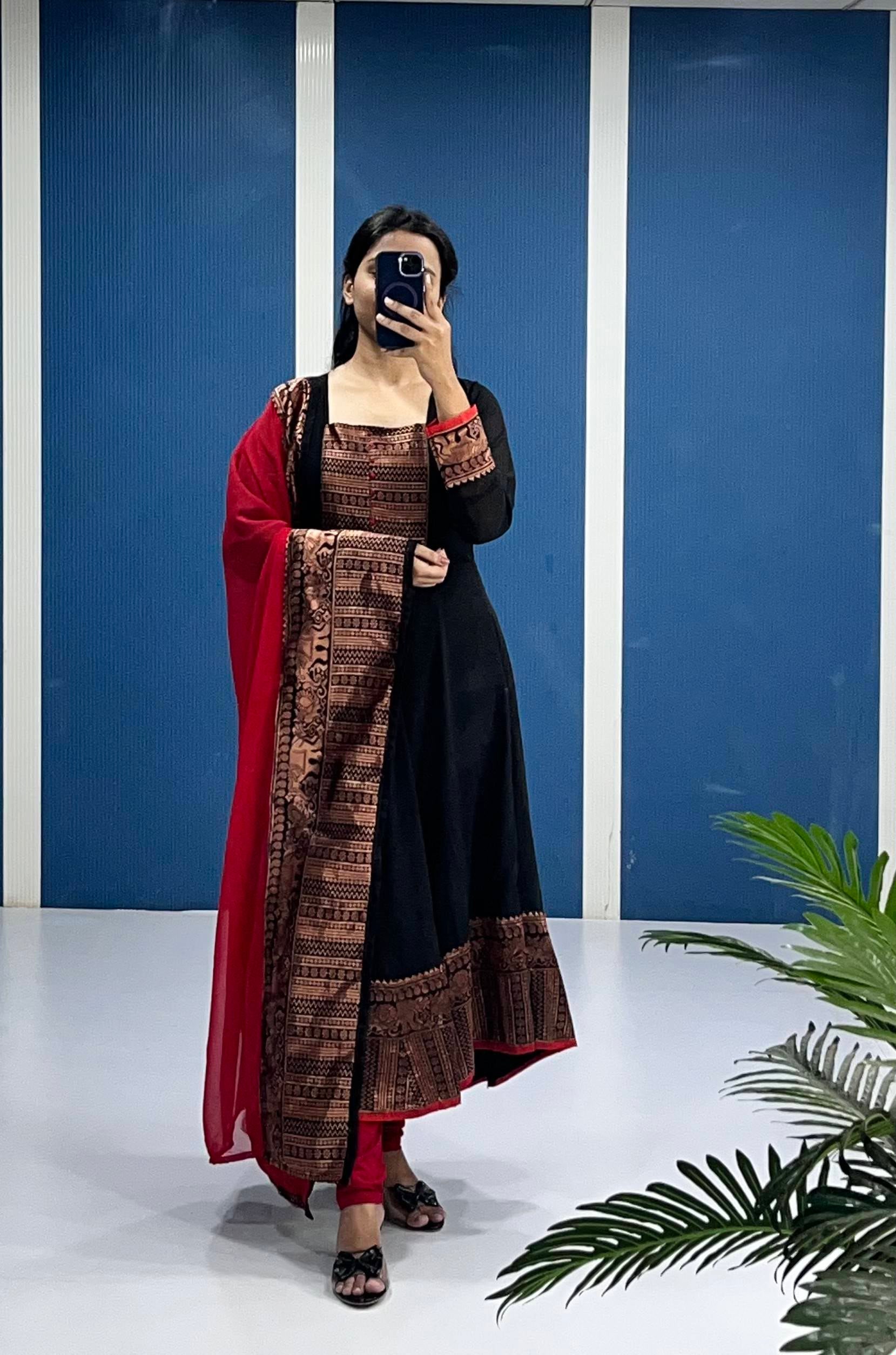 Black and Red Gown with Dupatta Set