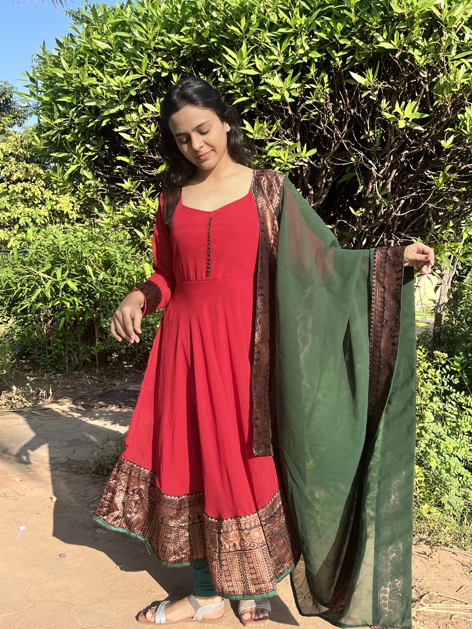 Elegant Maroon Georgette Anarkali Kurti with Green Dupatta