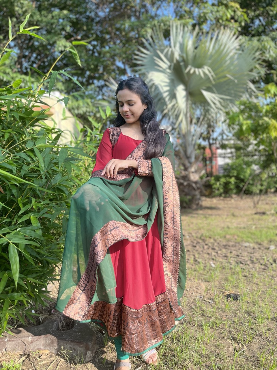 Elegant Maroon Georgette Anarkali Kurti with Green Dupatta