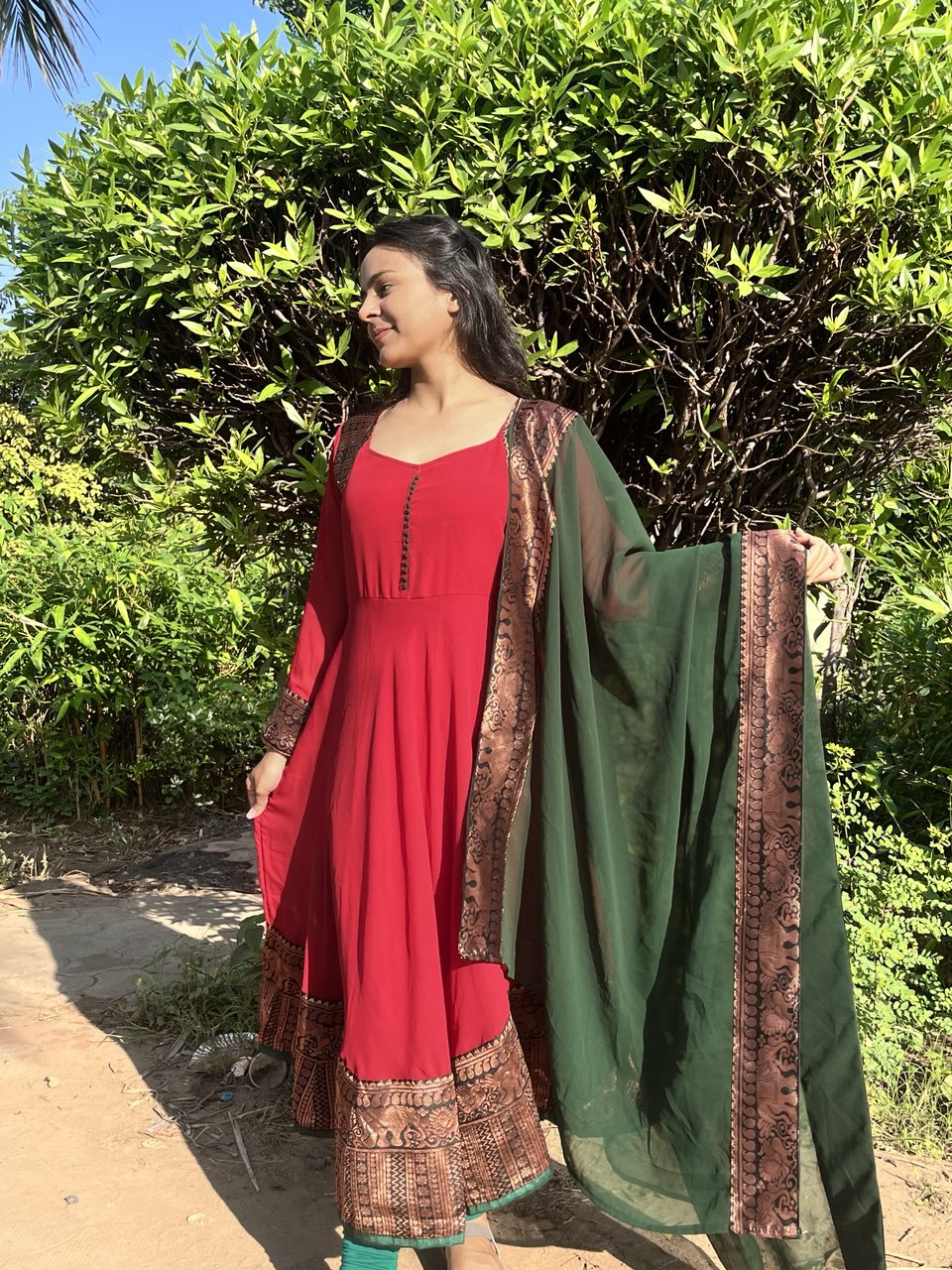 Elegant Maroon Georgette Anarkali Kurti with Green Dupatta