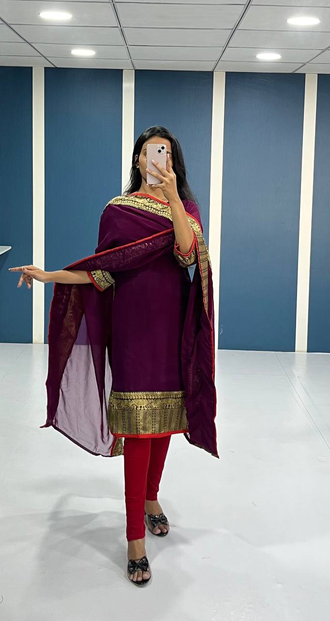 Elegant Wine Georgette Kurti and Dupatta Set