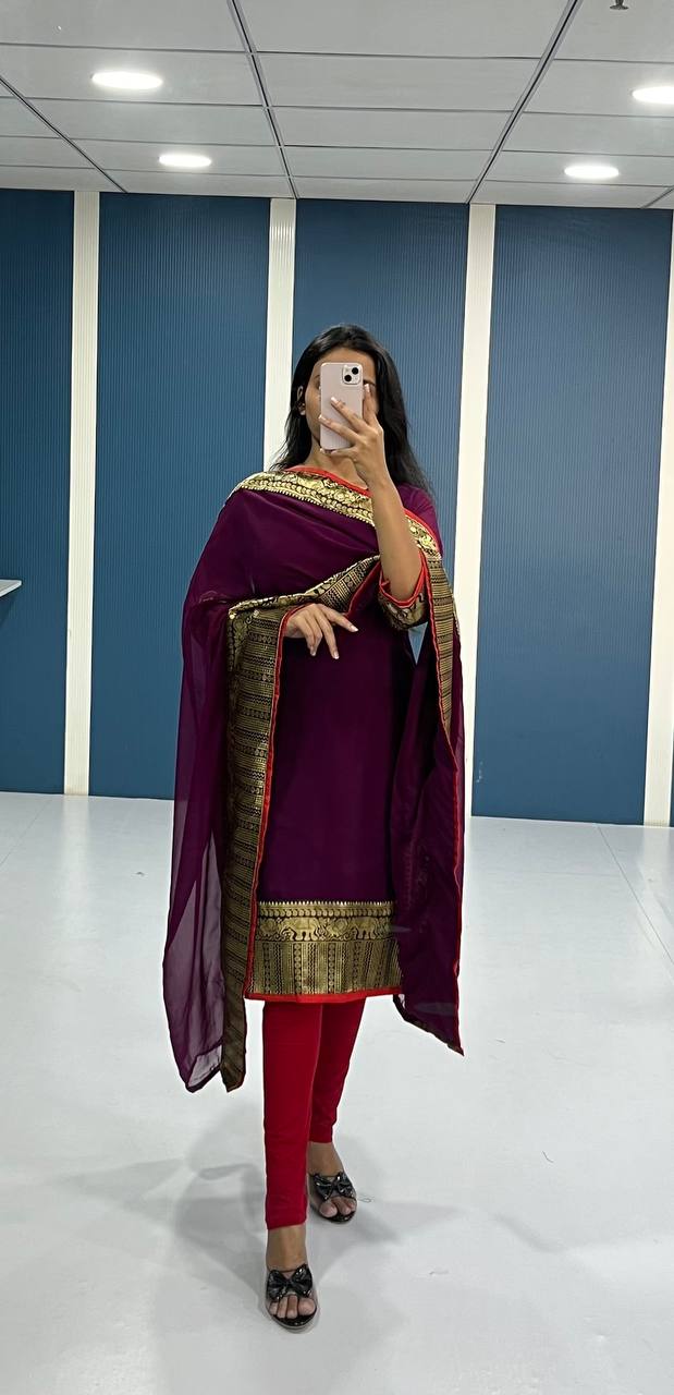 Elegant Wine Georgette Kurti and Dupatta Set