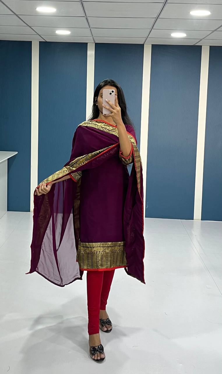 Elegant Wine Georgette Kurti and Dupatta Set