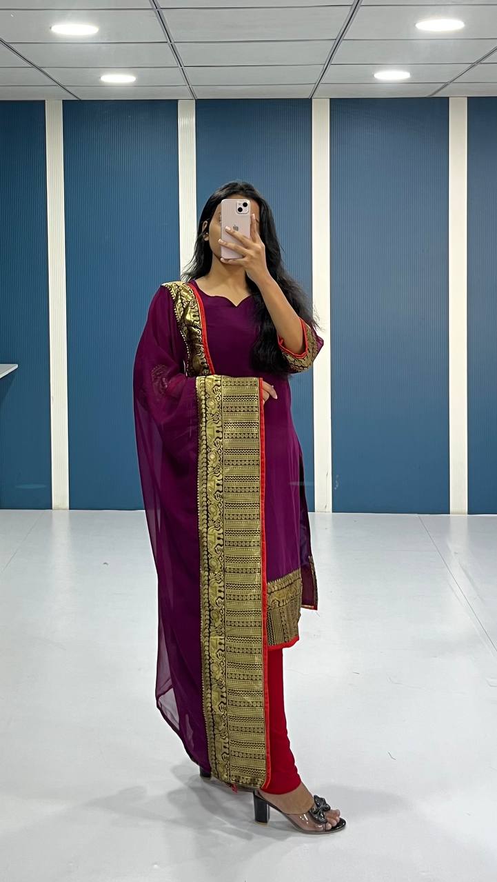Elegant Wine Georgette Kurti and Dupatta Set