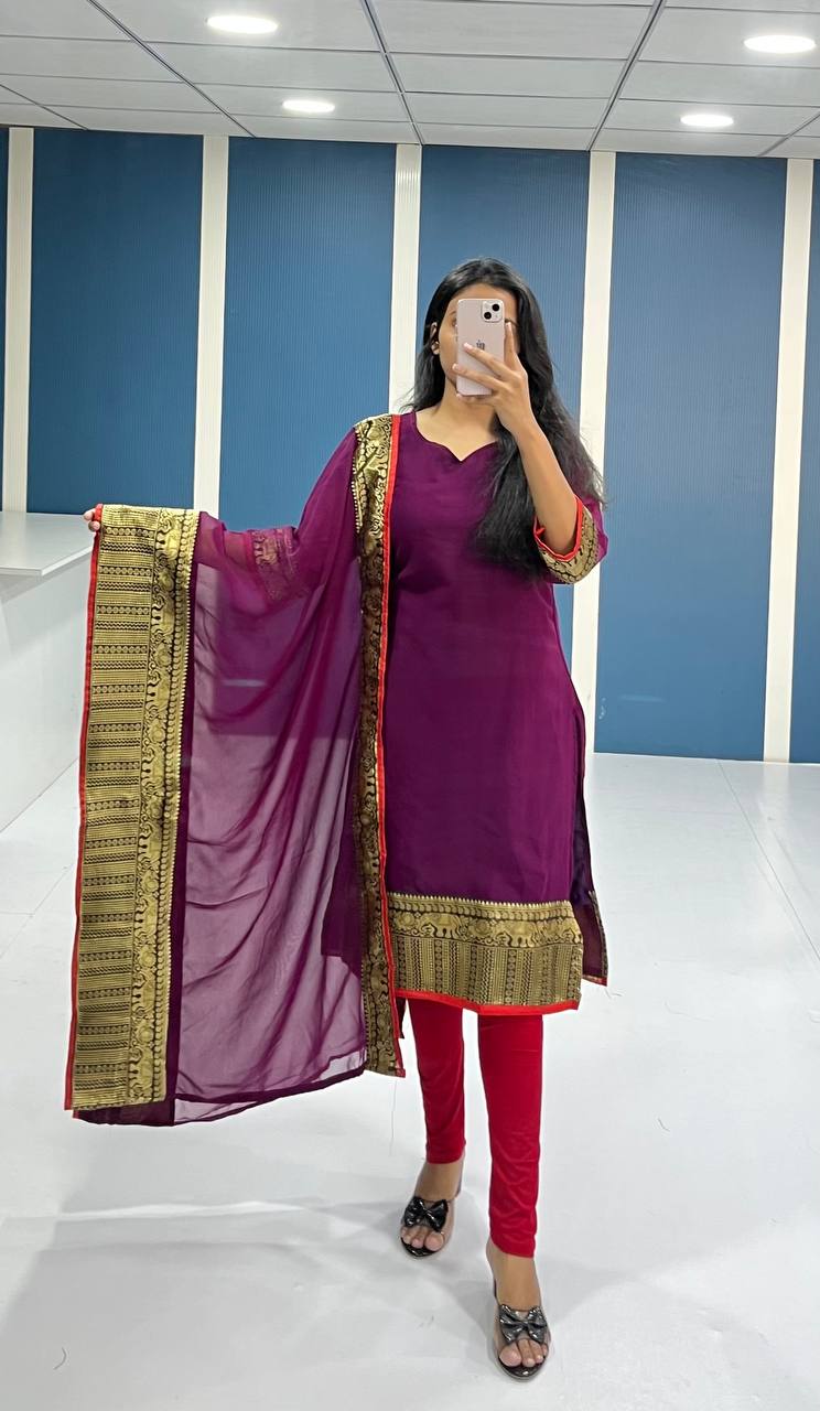 Elegant Wine Georgette Kurti and Dupatta Set