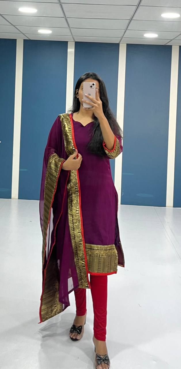 Elegant Wine Georgette Kurti and Dupatta Set