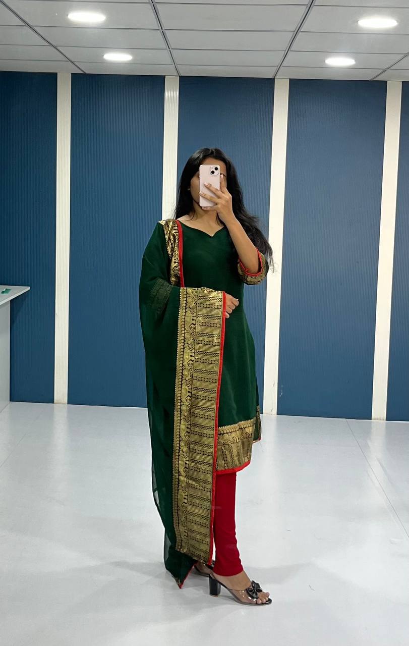 Elegant Bottle Green Georgette Kurti and Dupatta Set