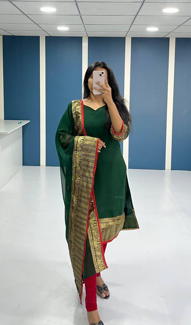 Elegant Bottle Green Georgette Kurti and Dupatta Set