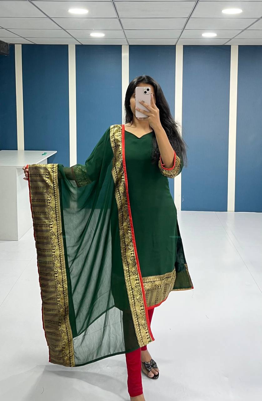 Elegant Bottle Green Georgette Kurti and Dupatta Set
