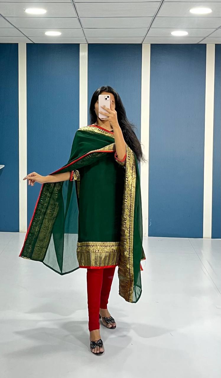 Elegant Bottle Green Georgette Kurti and Dupatta Set