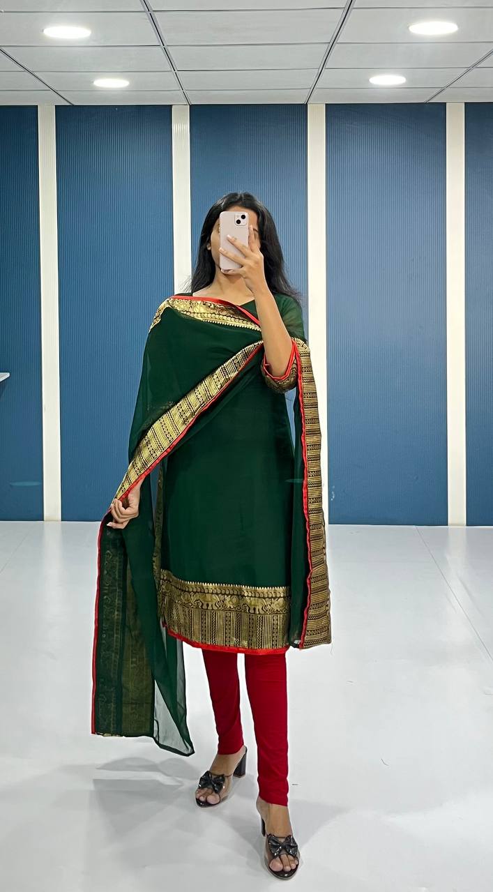Elegant Bottle Green Georgette Kurti and Dupatta Set