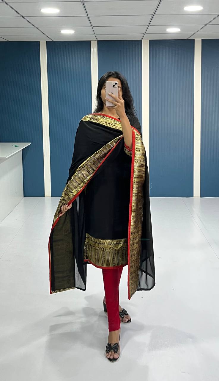 Elegant Black Georgette Kurti and Dupatta Set