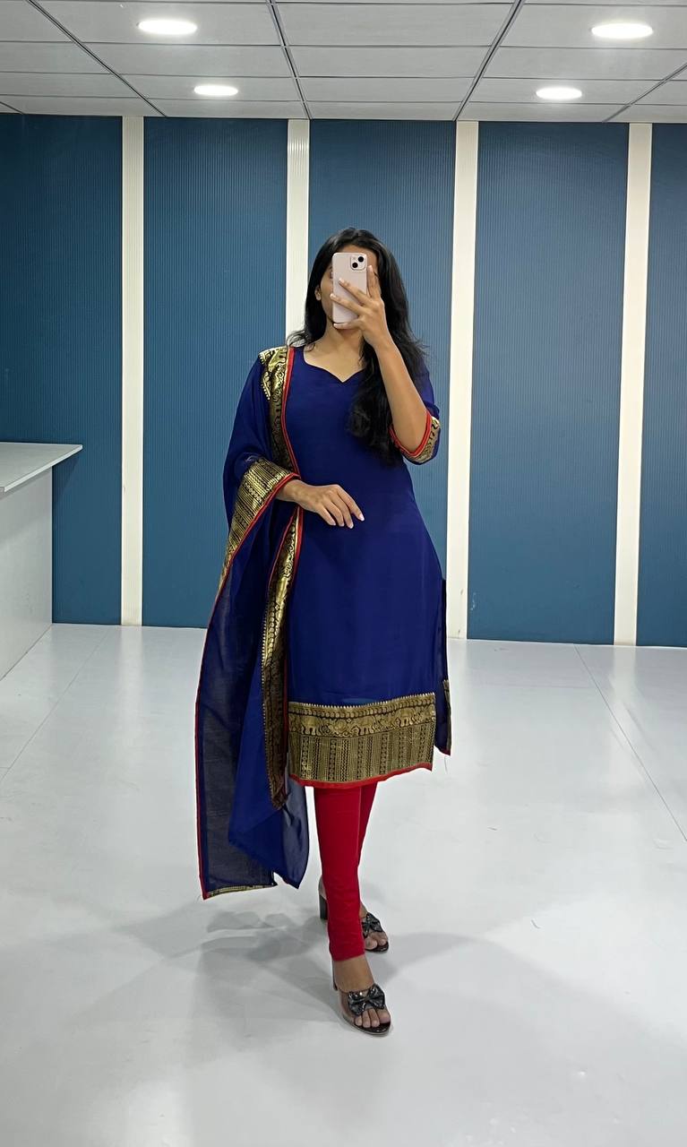 Elegant Royal Blue Georgette Kurti and Dupatta Set