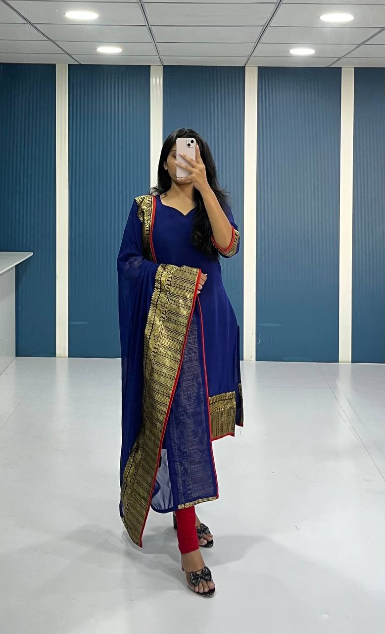Elegant Royal Blue Georgette Kurti and Dupatta Set