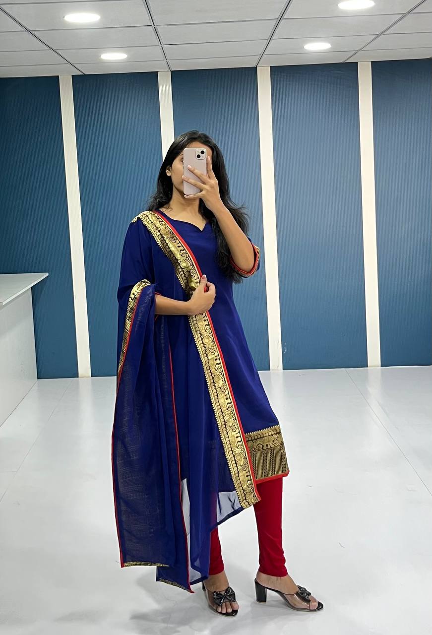 Elegant Royal Blue Georgette Kurti and Dupatta Set