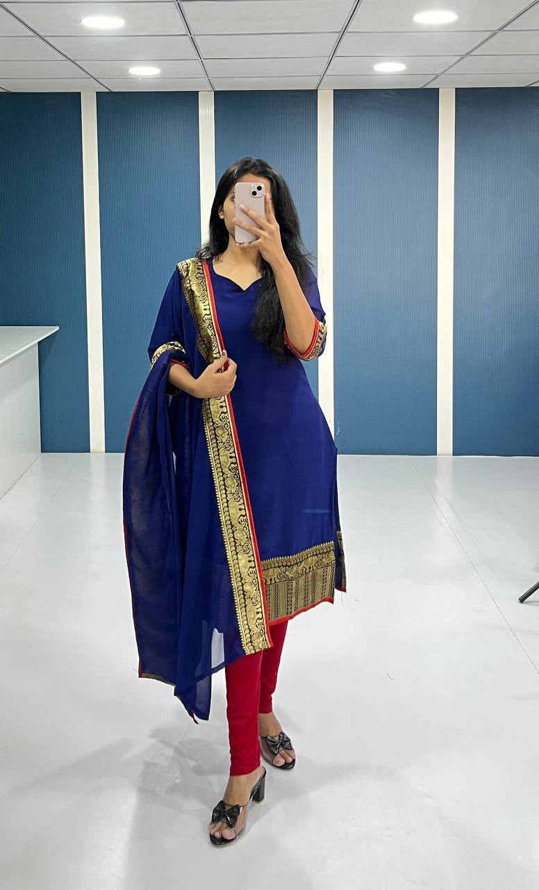 Elegant Royal Blue Georgette Kurti and Dupatta Set