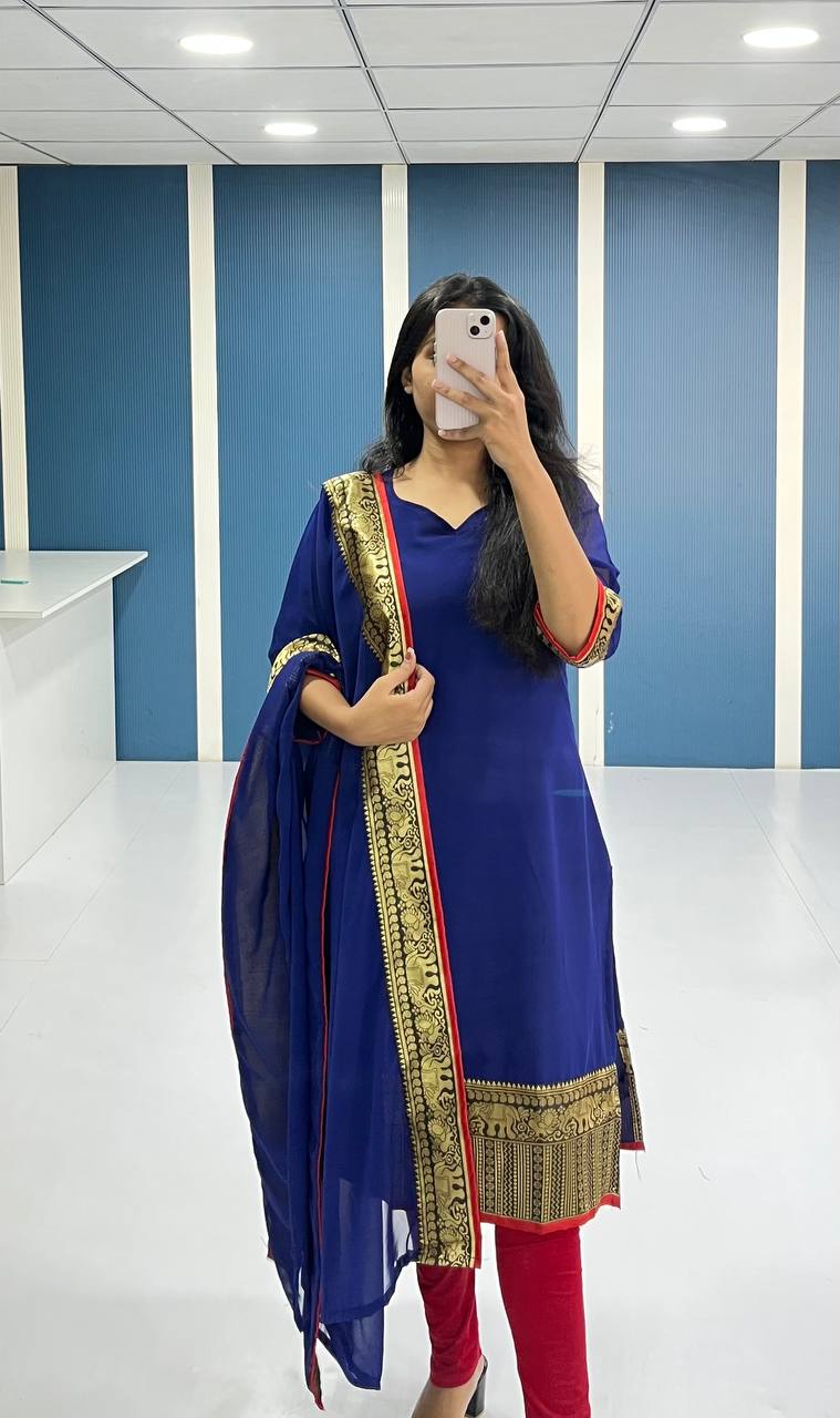 Elegant Royal Blue Georgette Kurti and Dupatta Set