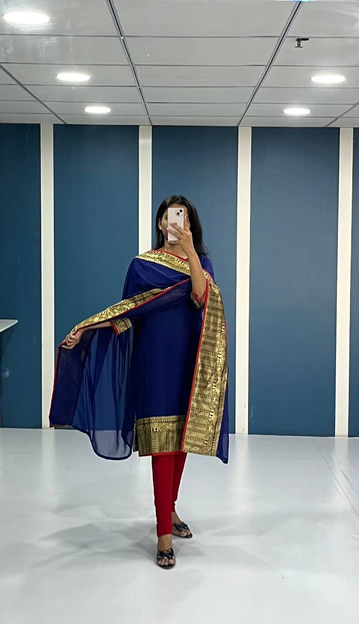 Elegant Royal Blue Georgette Kurti and Dupatta Set