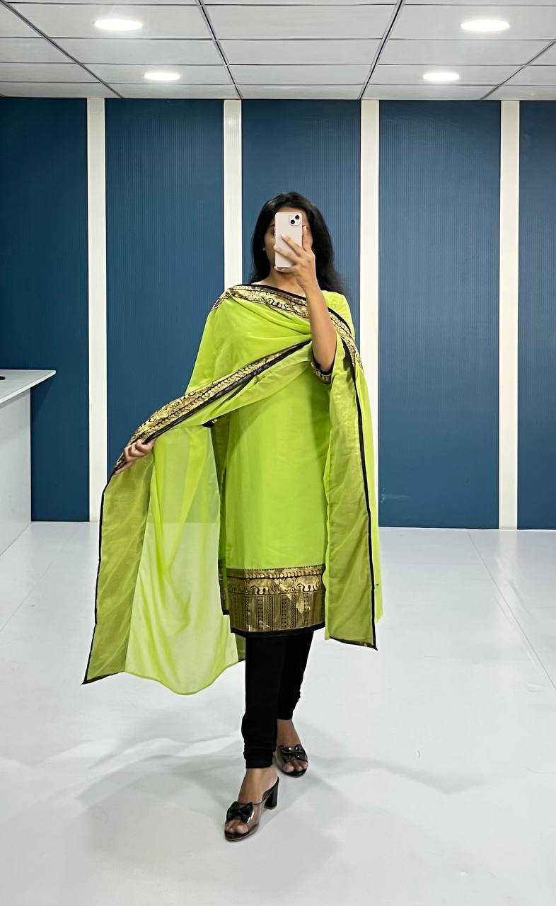 Elegant Lime Green Georgette Kurti and Dupatta Set